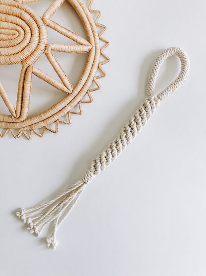 Handmade macrame dog toy in natural full product view